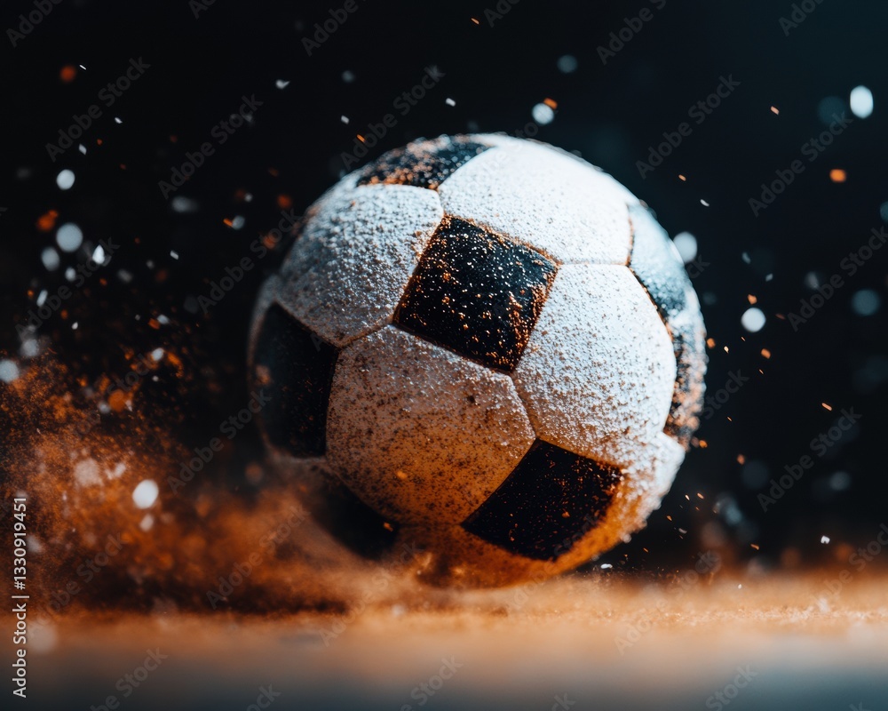 Poster dynamic sports performance visualization explosive soccer ball motion graphic with digital overlay -
