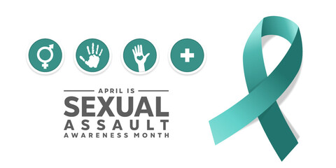 Sexual Assault Awareness Month. Ribbon, gender icon, hand and plus icon. Great for cards, banners, posters, social media and more. White background.