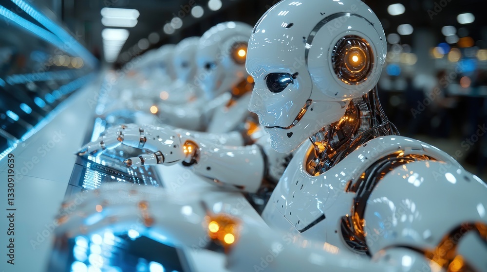Poster futuristic robots working on a production line.