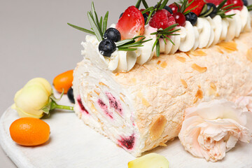 Meringue roll, concept of tasty and delicious food
