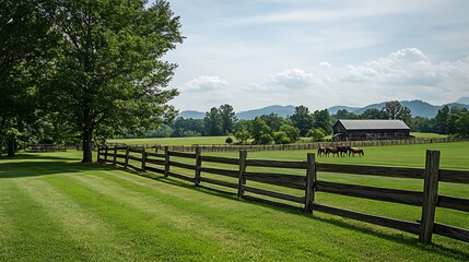 Picturesque rural landscape with horses and barn