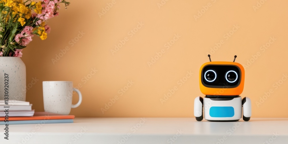 Poster Minimalist Smart Home AI Compact Personal Assistant Robot with Playful Design Transforming Workspace Productivity and Digital Lifestyle Experiences
