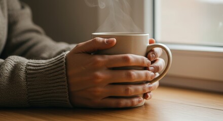 Hands gently holding a coffee cup, wrapped in a warm, cozy atmosphere, perfect for morning rituals and relaxation. Soft lighting enhances the comforting vibe