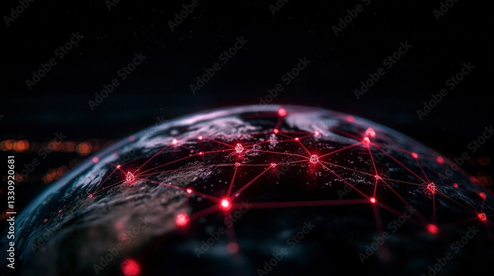 Aufkleber global network interconnected world red nodes technology communication data earth
