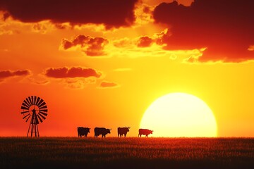 Silhouette cows sunset field windmill