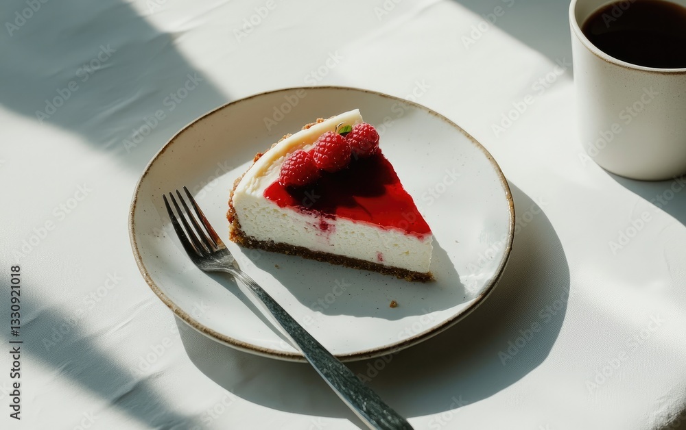 Poster cheesecake slice with raspberry topping and coffee