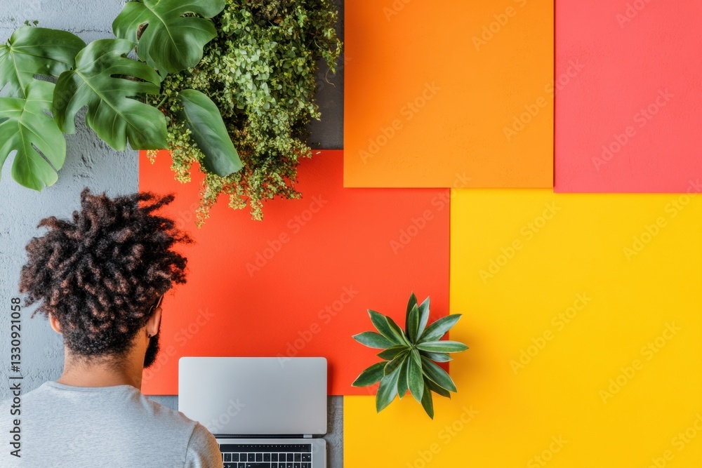 Poster vibrant creative workspace gen z digital nomads biophilic home office design with color-block aesthe