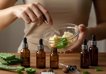 A natural skincare setup with shea butter, aloe vera gel, and glass dropper bottles, highlighting organic beauty and DIY self-care against a soft, neutral background
