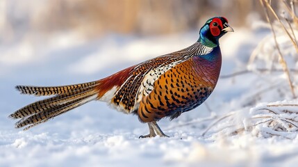 Fototapeta premium Male pheasant in snowy winter habitat.