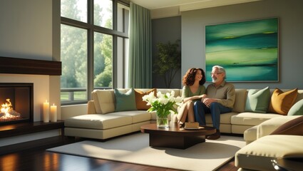Couple relaxing on sectional sofa, sun-drenched living room