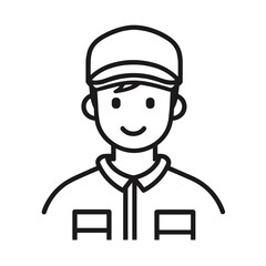 Obraz premium Smiling delivery worker icon in black and white line art. Logistic worker with uniform and cap icon