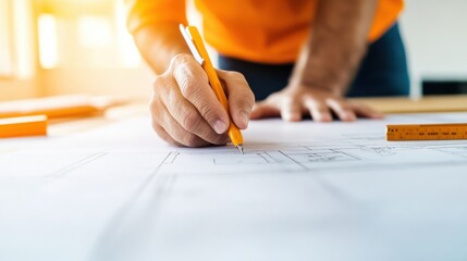 Minimalist Design Workflow Precision Architectural Planning with Ergonomic Yellow Pencil - Innovative Professional Drafting and Creative Strategic Development