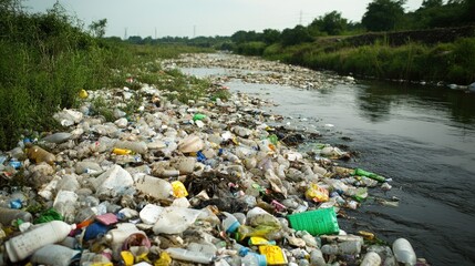Plastic waste clogging a river, emphasizing the need for urgent environmental cleanup efforts.
