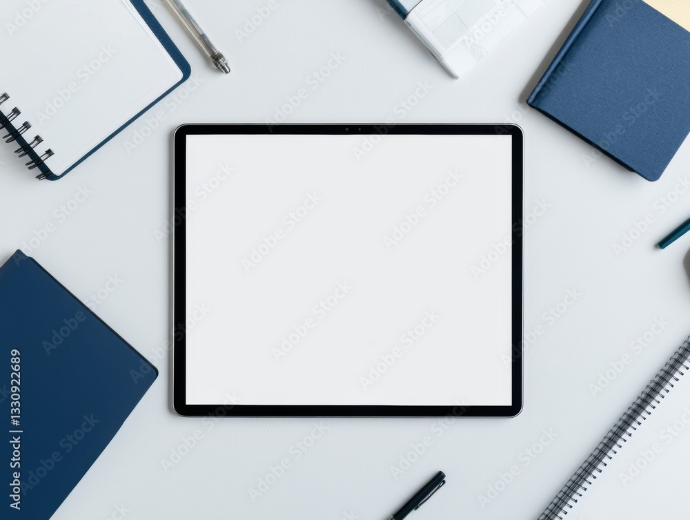 Poster minimalist digital workspace sleek tablet mockup with navy productivity essentials - next-gen remote