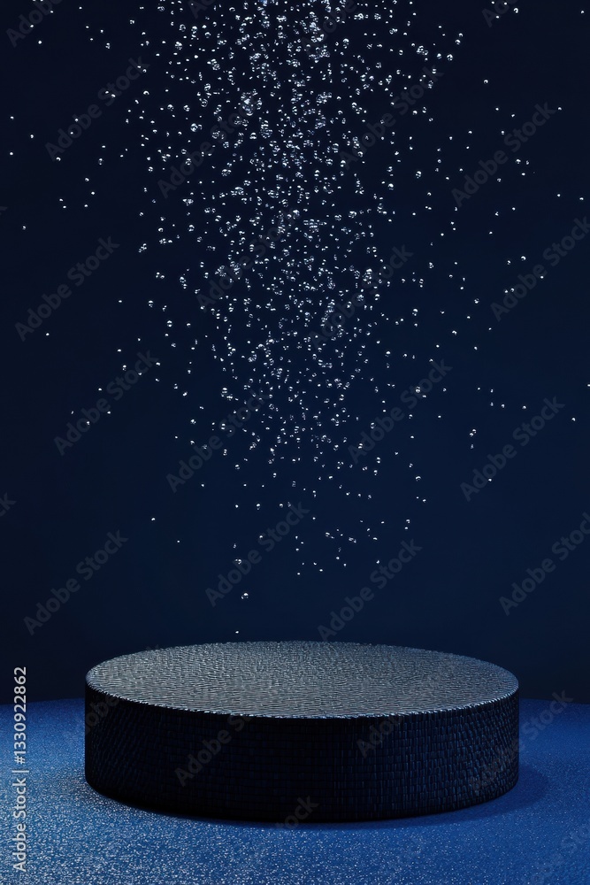 Poster futuristic carbon fiber tech podium immersive digital particle visualization for next-gen brand stor