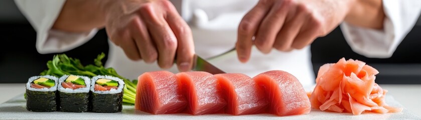 A chef skillfully slices fresh sushi ingredients, including tuna, ginger, and rolls, showcasing culinary expertise and vibrant colors.