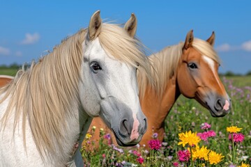Obraz premium Portrait of Two Horses Among Vibrant Wildflowers Under Bright Blue Sky