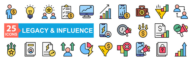 Legacy And Influence Icon Sheet Retirement, Growth, Innovation, Success, Planning, Monitor, Stats, Assessment, Career, Chart, Leadership, Technology, Short Term, Cost, Resume, Advantage, Competitive