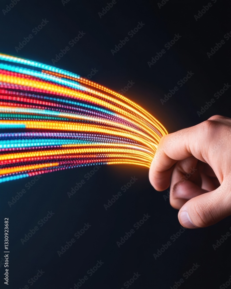 Poster Futuristic Digital Connectivity Vibrant Data Stream Manipulation by Human Hand - Innovative Tech Visualization of Interactive Quantum Networking and Emerging AI Interaction