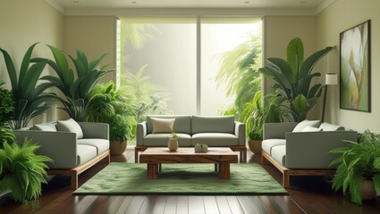 Cozy living room with lush greenery