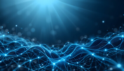 tech-inspired background for a presentation slide, featuring abstract digital patterns, flowing data lines, and network connections.