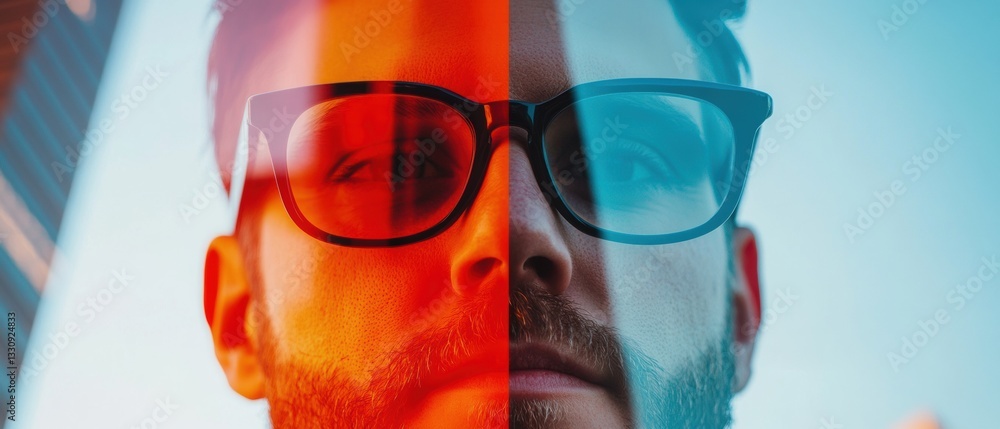 Poster dual-tone visionary immersive ai-driven design portrait exploring digital identity, color psychology