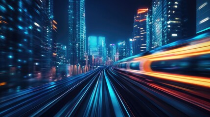 Fototapeta premium Sleek high-speed train racing through futuristic cityscape at night, neon lights reflecting on smooth rails.