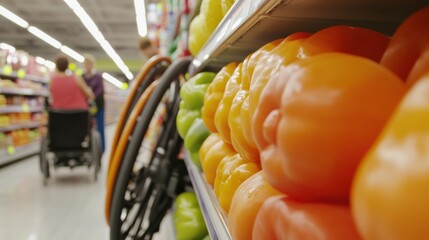 Inclusive Retail Innovation Accessible Grocery Experience Showcasing Vibrant Fresh Produce, Food Safety, and Universal Design in Modern Supermarket Environment