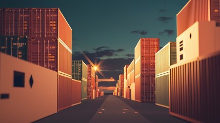 Obraz premium Sunset at the Cargo Port Global Trade Shipping Containers Import Export