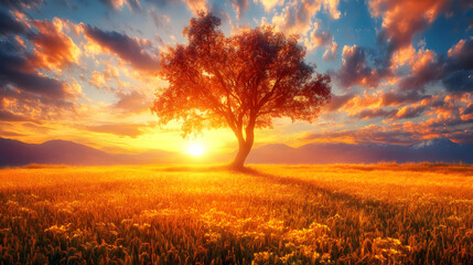 Solitary Tree Silhouette at Golden Sunset in a Field with Vivid Sky and Warm Light in Rural Setting