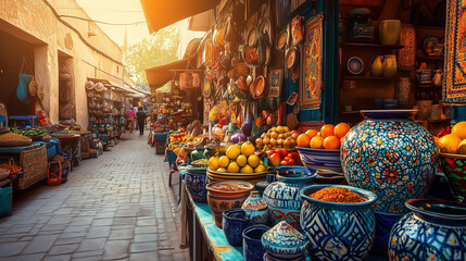 Fototapeta premium A bustling market filled with vibrant stalls displaying handmade crafts, colorful pottery, and fresh fruit