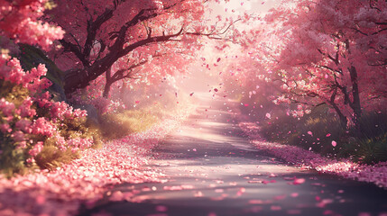 A road that seems to have no end, covered with pink cherry blossom petals in spring, surrounded by pink flower trees. 