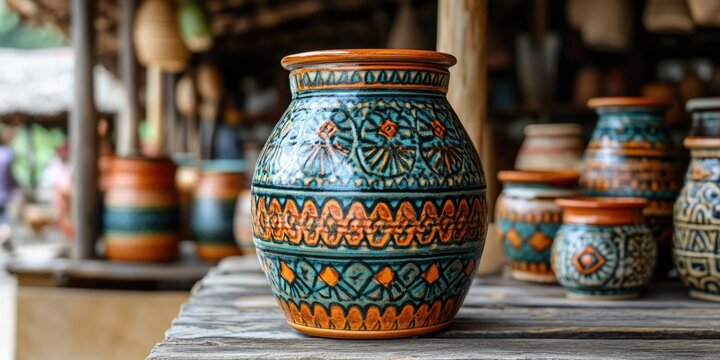 Close-up of a beautifully painted ceramic vase with traditional green and orange patterns on a wooden stall. Ideal for sites/blogs on travel, crafts, handmade goods, folk art, culture, or markets.