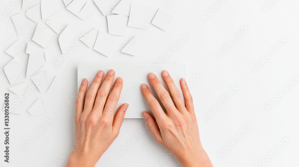 Fototapete Minimalist Tech Workspace Ergonomic Hands-On Digital Interaction with Clean White Interface - Sleek Productivity and Modern Design Innovation