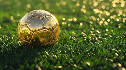 Fototapeta premium Golden Soccer Ball on Lush Green Field: A Symbol of Victory and Triumph