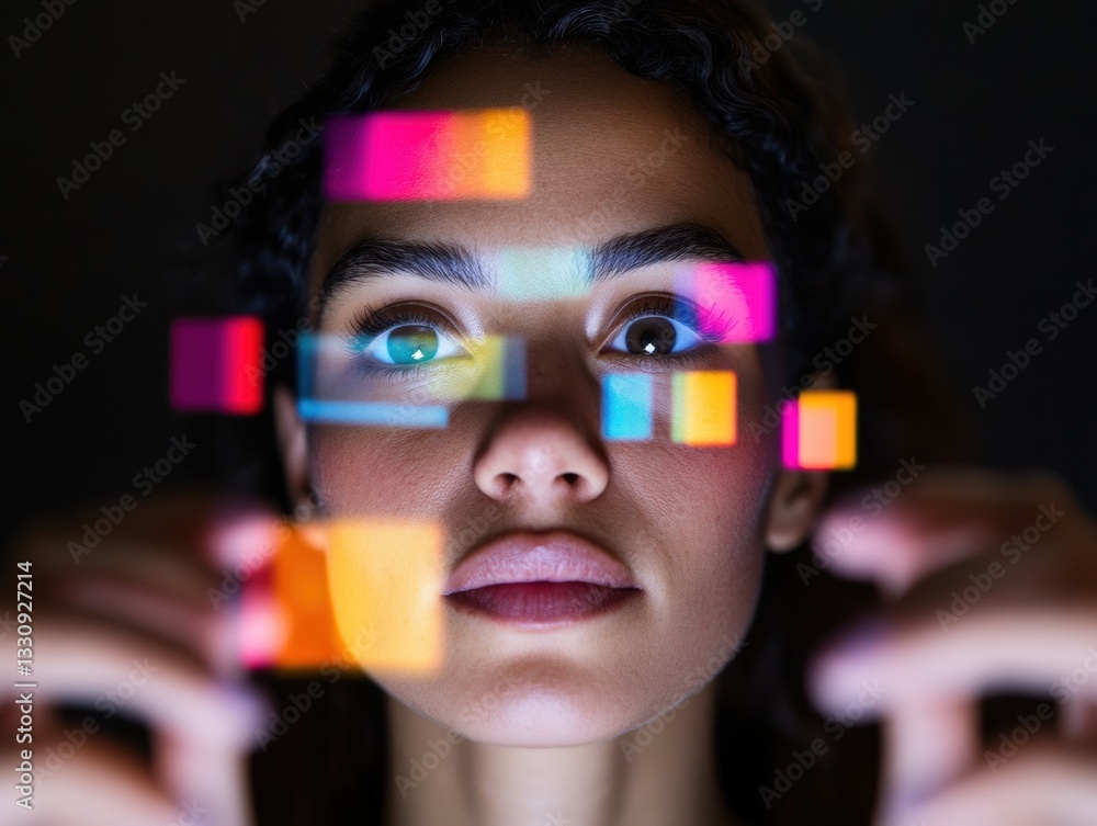 Poster Augmented Reality Emotion Next-Gen Digital Identity Visualization with Vibrant Holographic Pixel Overlay - Innovative Tech Storytelling for Gen Z Creative Expression