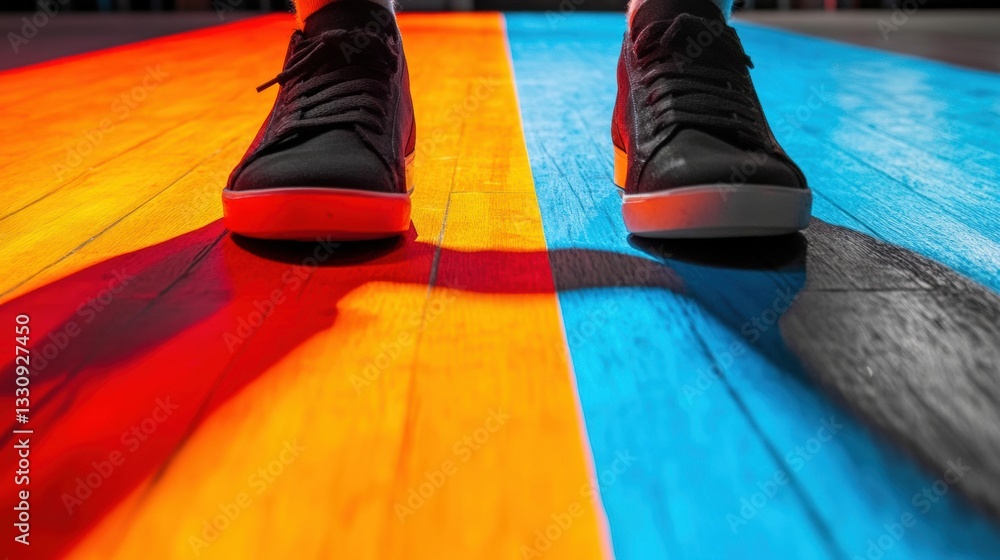 Poster vibrant color block minimalism dynamic urban sneaker perspective on retro-chromatic wooden floor - c