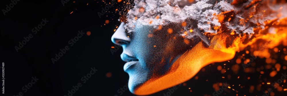 Poster Neuromorphic AI Evolution Explosive Digital Transformation Visualizing Cognitive Computings Emotional Intelligence Through Cinematic Particle Disintegration