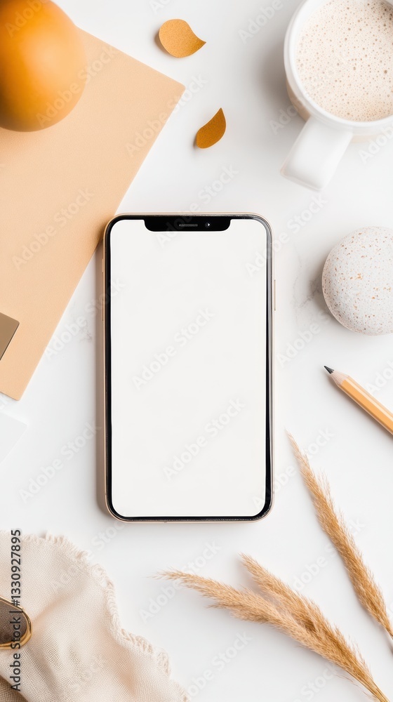 Poster minimalist digital workspace soft neutral palette smartphone mockup with organic textures - creative