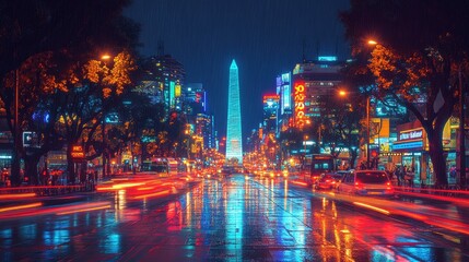Obraz premium Cyber-fusion digital artwork of Buenos Aires' Obelisk, pulsating with futuristic neon circuits, symbolizing Argentina’s blend of tradition and innovation.Travel blogs, South America guides, urban phot
