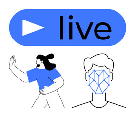 Play button with live label, woman gesturing, face with recognition grid. Ideal for technology, streaming, innovation, security, accessibility digital interaction user interface. Flat simple