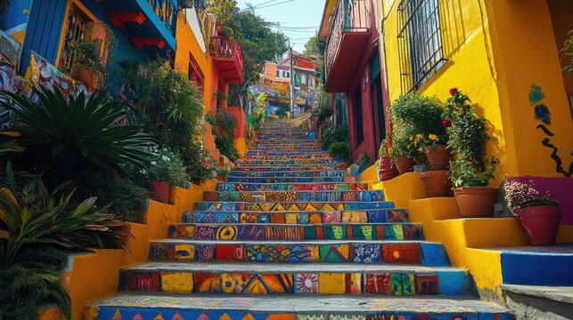 Valparaiso's colourful Chilean staircases, covered in vibrant murals and graffiti on the city's brightly coloured alleyways.