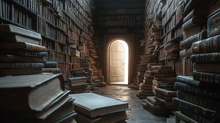 Obraz premium A labyrinth of ancient books leading to a shining door, representing the journey through knowledge and discovery