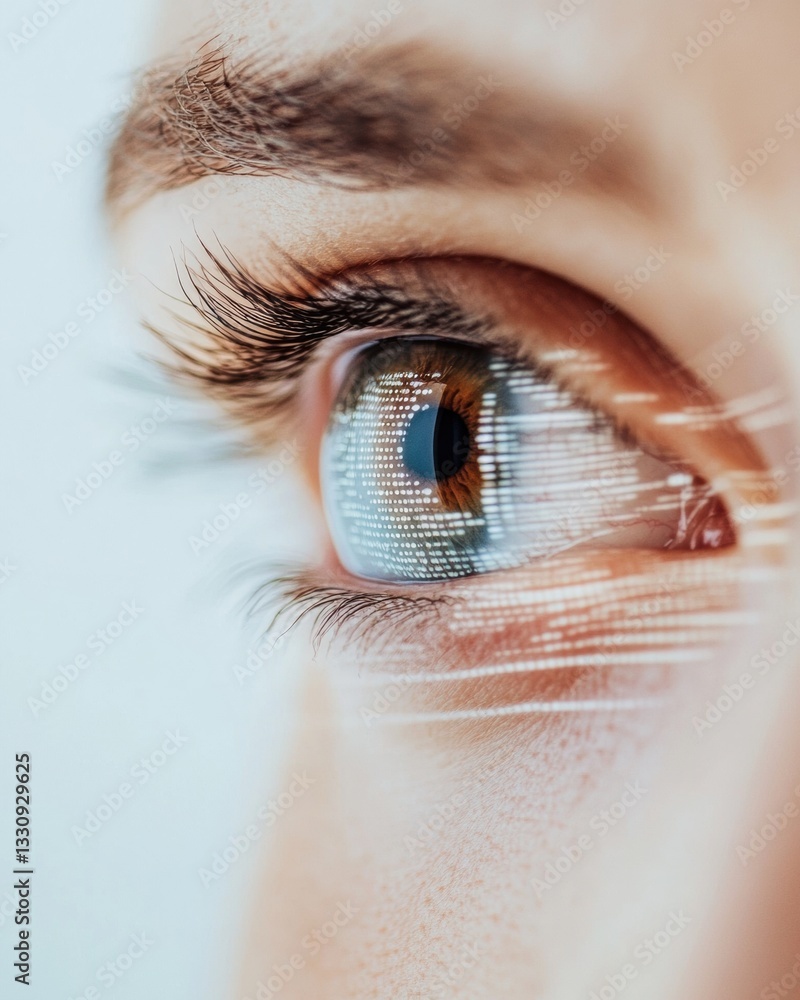 Poster Futuristic Biometric Identity Tech Hyper-Detailed Human Eye with Digital Scan Overlay, Revealing Next-Gen Personal Security and AI Recognition Innovations