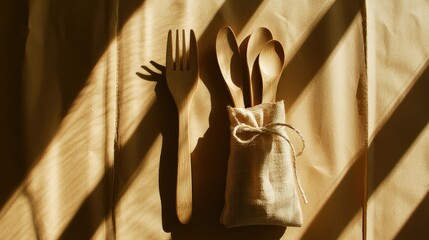 Wooden cutlery and a string bag on a minimal cardboard backdrop, promoting sustainability.