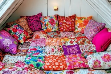 Colorful Patchwork Sofa with Floral Pillows