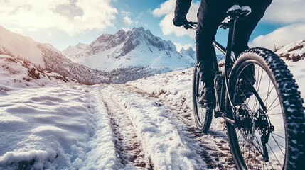 A person cycles on a snowy mountain trail, bike tracks visible in the snow, with snow-covered peaks in the distance, space for a winter biking tip.