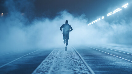 A runner in winter gear performs intervals on a snowy track, with foggy breath and crisp air, space for an interval training quote.