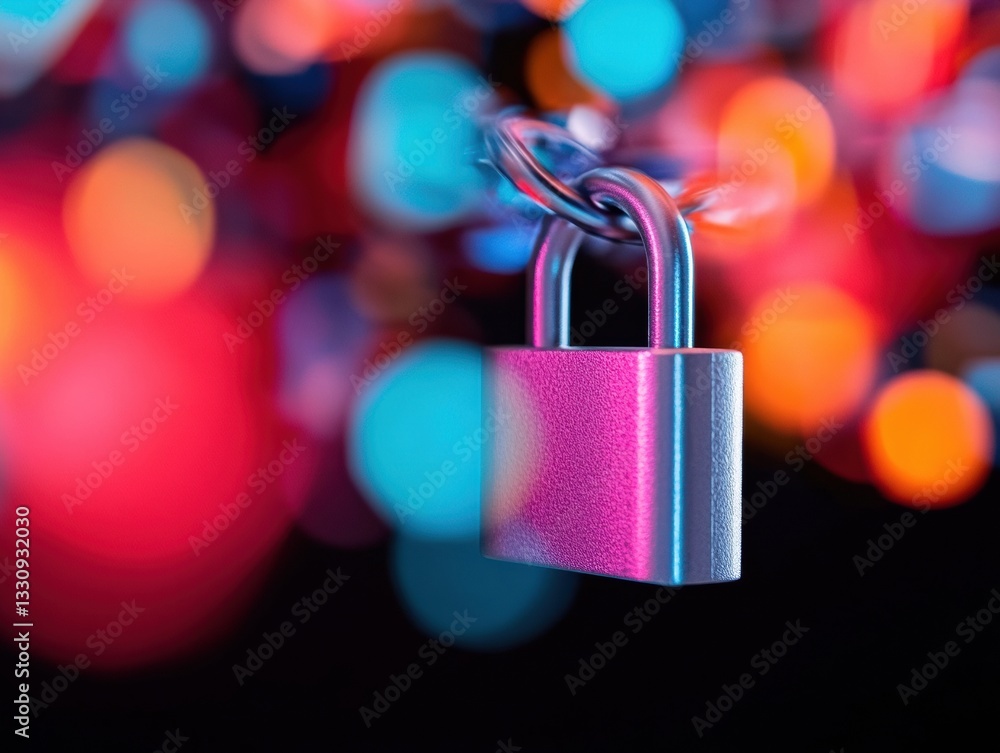 Poster cybersecurity fusion metallic digital protection padlock in vibrant neon techscape - next-gen data e