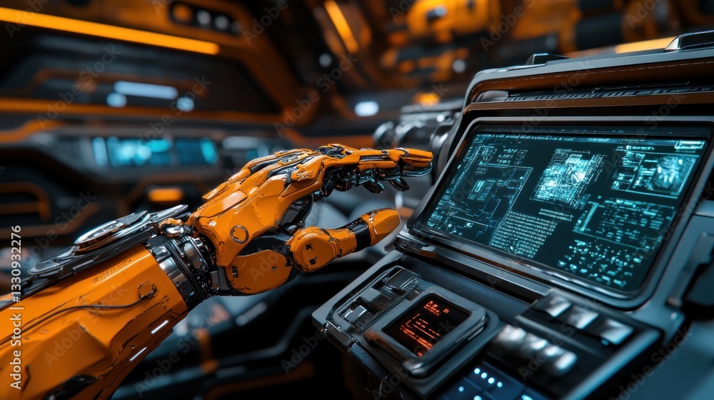 Poster futuristic robotic arm interacting with advanced interface